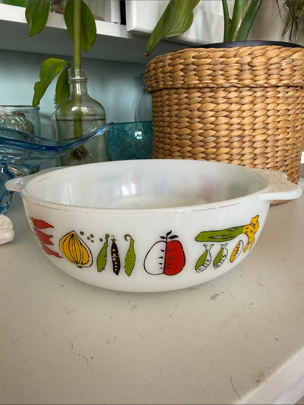 JAJ Pyrex "Harvest" casserole dish with a quirky vegetable pattern, England